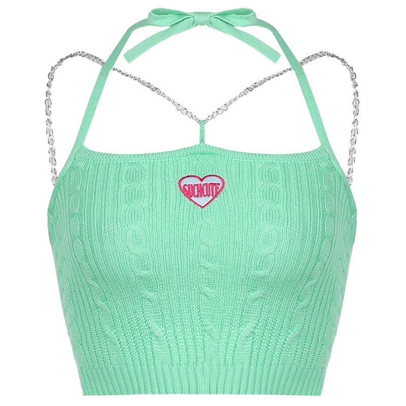 Áo Croptop Dệt Kim Hai Dây Thêu Họa Tiết Trái Tim Phong Cách Harajuku Quyến Rũ Cho Nữ