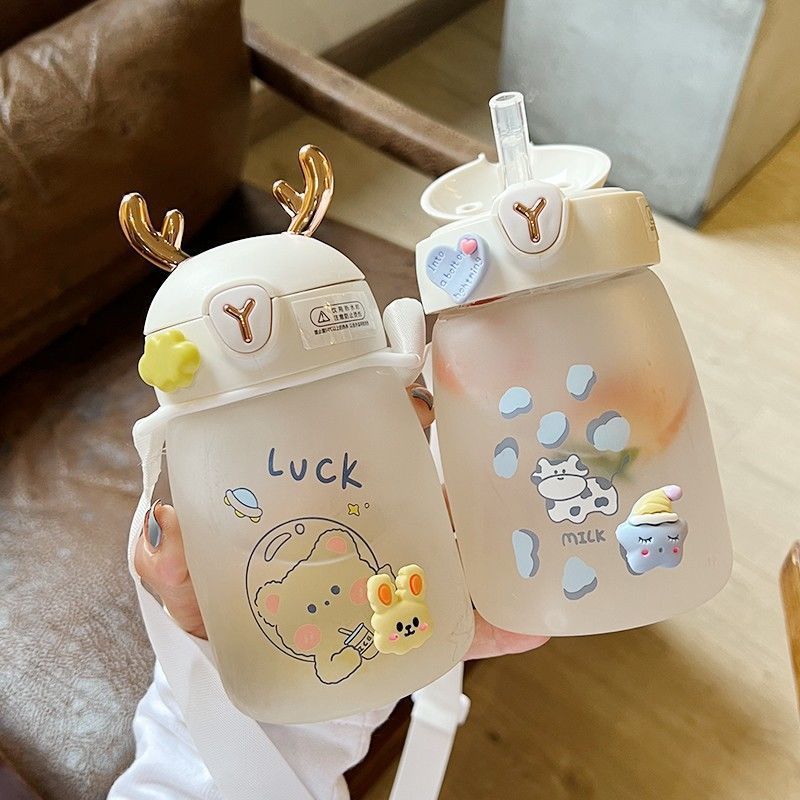 Bình Nước Thủy Tinh Có Ống Hút Dễ Thương Xinh Xắn Dành Cho Người Lớn Và Trẻ Em