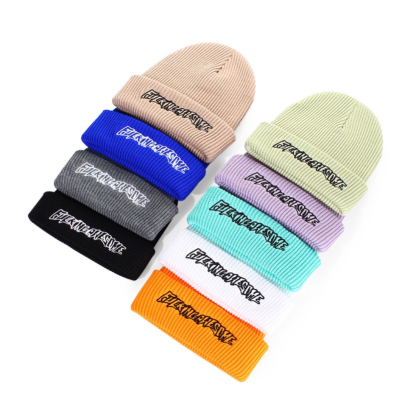 Mũ len dệt kim beanie thêu FULKI Hàn Quốc thời trang unisex thu đông giữ ấm cho nam nữ L05