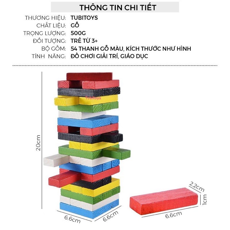 Đồ Chơi Rút Gỗ Màu Sắc Nhiều Màu TUBIOTYS 54 thanh màu cỡ lớn-Domino màu(kèm xúc xắc)