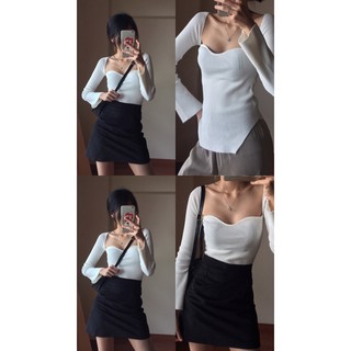 Áo len dài tay trắng cổ khoét