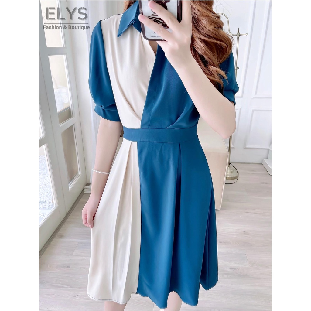 Váy Đầm Công Sở ELYS Chất Trượt Hàn Cao Cấp Thiết Kế Phối 2 Màu Trắng Xanh Dáng Xòe Nhẹ LY016