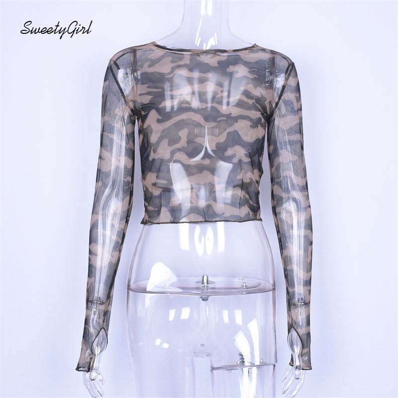 Áo Croptop Tay Dài Cổ Tròn Hoạ Tiết Lính