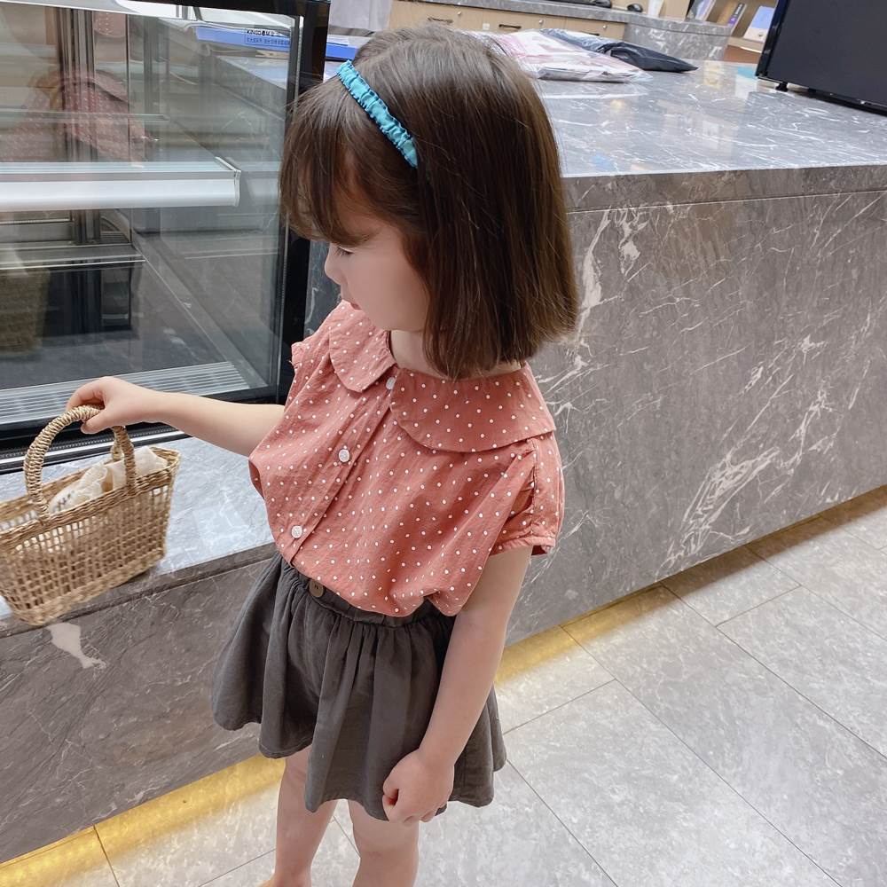 Set Áo Cổ Búp Bê Họa Tiết Chấm Bi Và Chân Váy Ngắn Vải Cotton Dễ Thương Thời Trang Mùa Hè Cho Bé Gái 0512