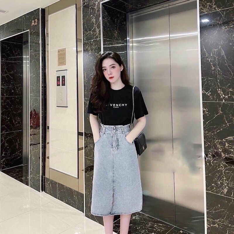 Chân Váy Jeans dáng dài, Cap cao chun dáng dài xẻ trước Thời Trang Hàn Quốc M646