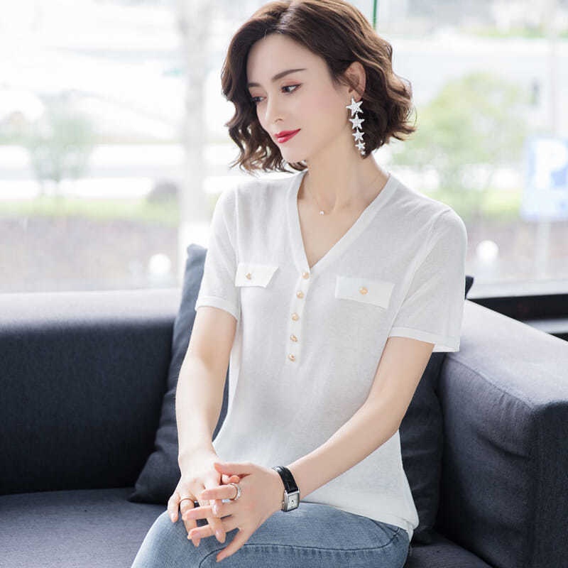 Áo Thun Dệt Kim Tay Ngắn Cổ Chữ V Thời Trang Cho Nữ Trung Niên | BigBuy360 - bigbuy360.vn