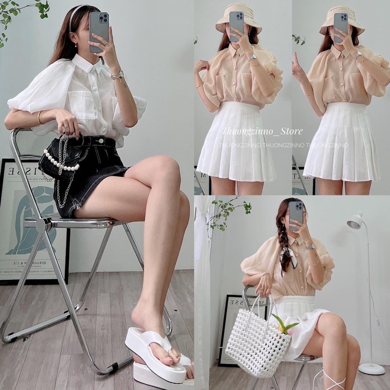 [Ảnh thật/Video]Áo sơ mi nữ Seon tay lửng xinh xắn Áo somi nữ tay bồng