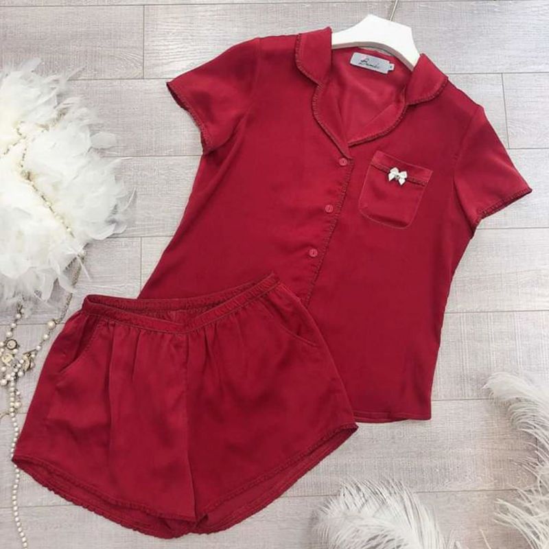 Bộ đồ pijama lụa, bộ lụa Cộc Đùi viền bèo nơ túi xinh xắn