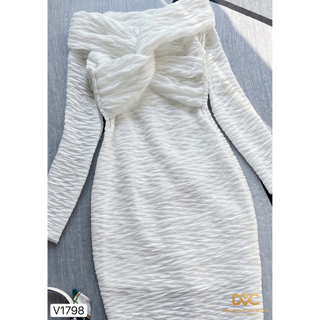 Váy trắng trễ vai xoắn ngực V1798 - Đẹp Shop DVC (Kèm ảnh thật trải sàn do shop tự chụp)