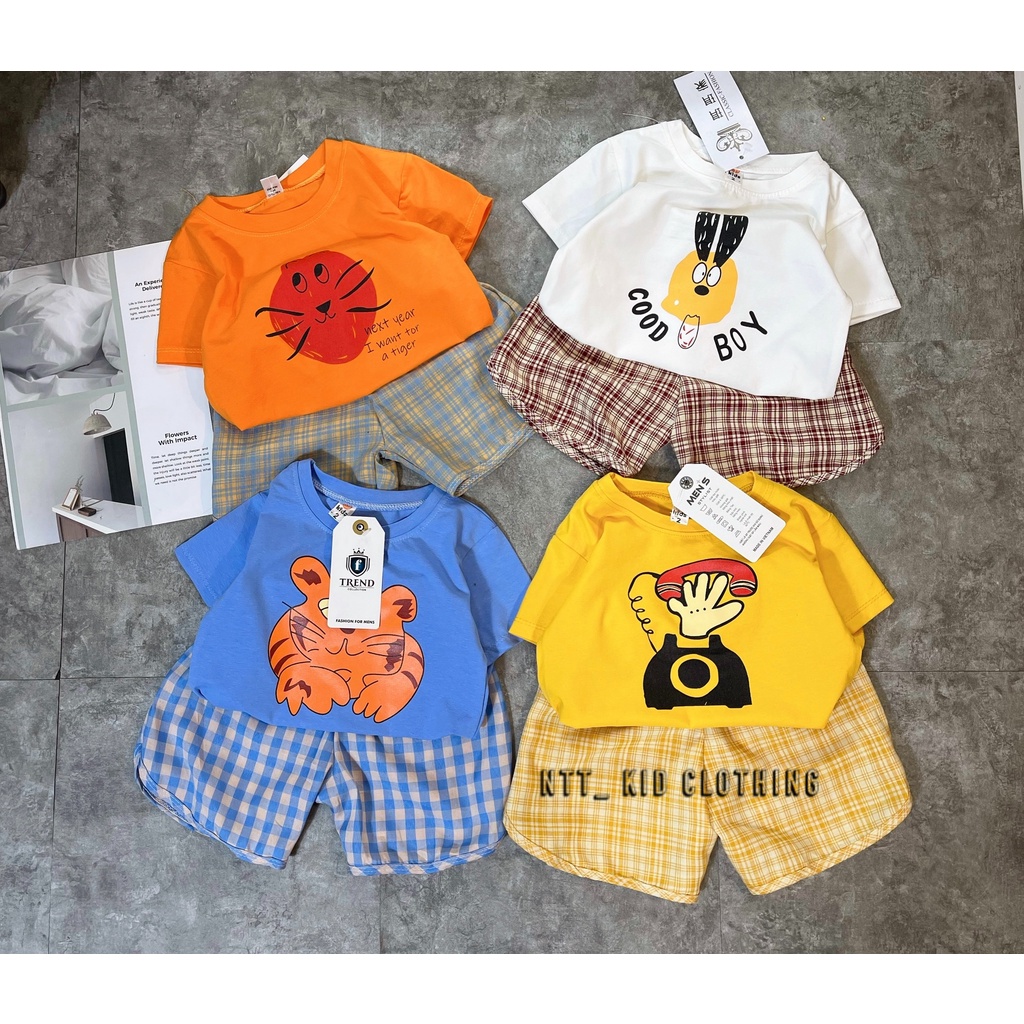 Đồ Bộ Cộc Tay Bé Trai, Bé Gái Áo Cotton QC Phối Quần Thô Đũi Kẻ Caro, Bộ Cho Bé Mặc Đi Chơi - AN.KID