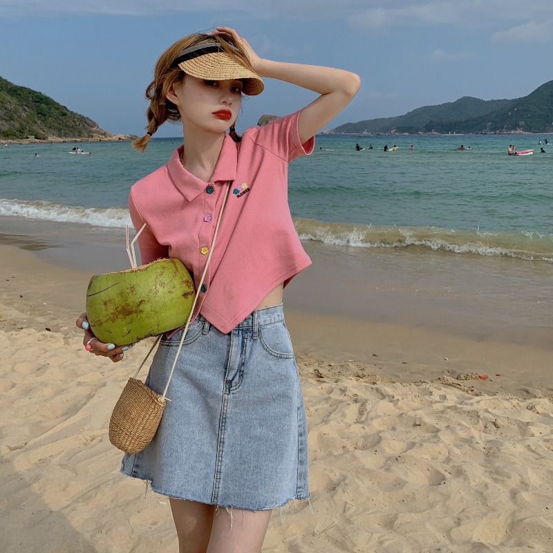 Áo Thun Tay Ngắn Cổ Polo Thêu Hoa Phối Nút Thời Trang Cho Nữ | BigBuy360 - bigbuy360.vn