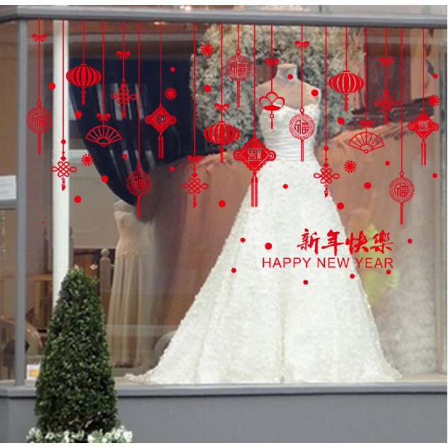 Decal trang trí Tết - Rèm dây trang trí nhiều phụ kiện đỏ