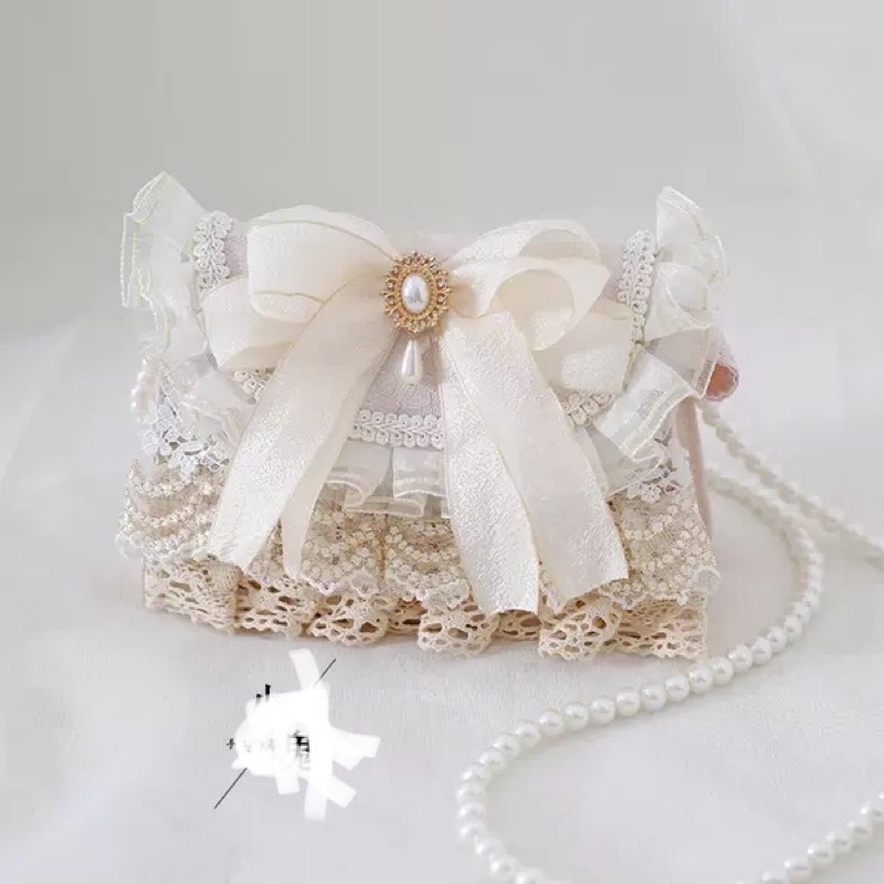 YASAS0051-Túi xách đeo vai màu be cổ tích ngọt ngào nơ ren