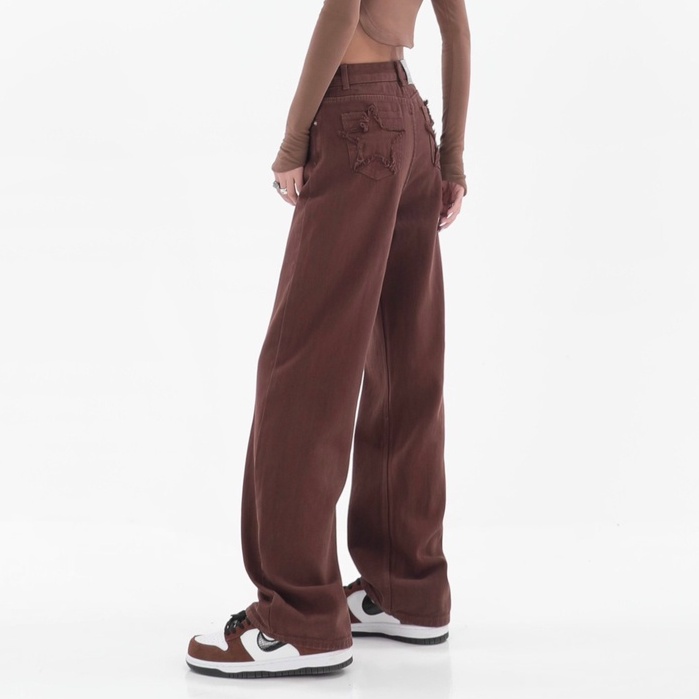 Quần jeans nâu cạp cao, quần jeans nữ dài ống rộng phong cách_j27