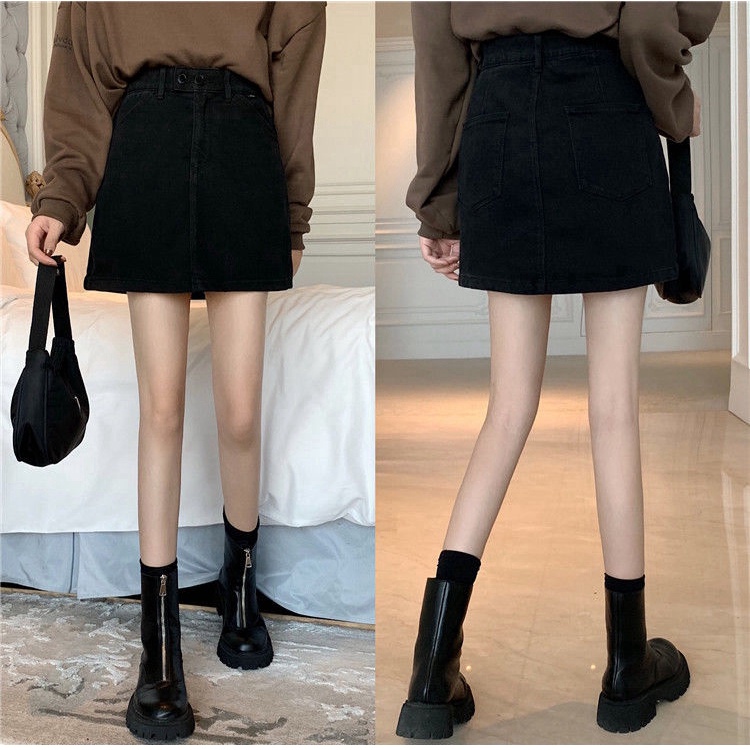 NZN Chân váy denim NZN màu đen lưng cao phối nút thời trang mùa hè cao cấp cho nữ