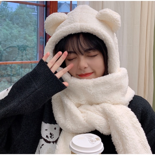 Khăn Lông Chụp đầu Mũ Len Tai gấu Giữ ấm Mùa Đông Dễ thương Ulzzang Cute Găng tay quàng cổ 3 trong1