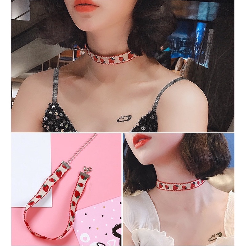 Vòng cổ Choker vải hoạ tiết dâu tây cho nữ các mẫu