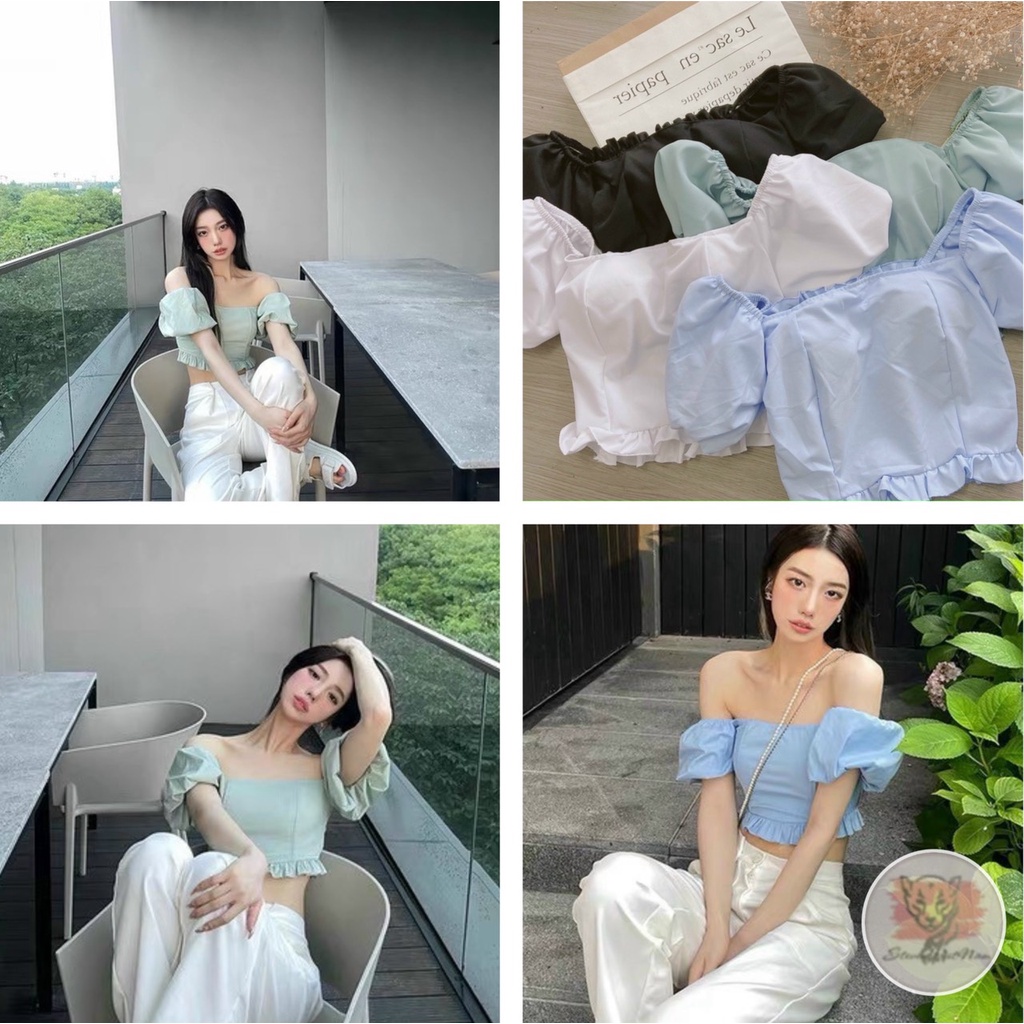 Áo Croptop Trễ Vai Ngắn Tay Bồng Bềnh Bo Chun Nhún Viền Bèo Duyên Dáng - AK0060 | steven.factory