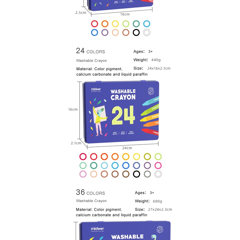Mideer hộp bút sáp màu nhiều loại hộp sắt có thể chùi rửa được washable crayon 12 24 36 màu