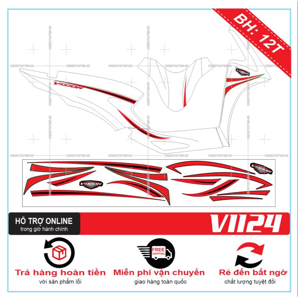 TEM XE VISION 2021 CHỈ TRẮNG ĐỎ 1124 -- SHIN DECAL 2