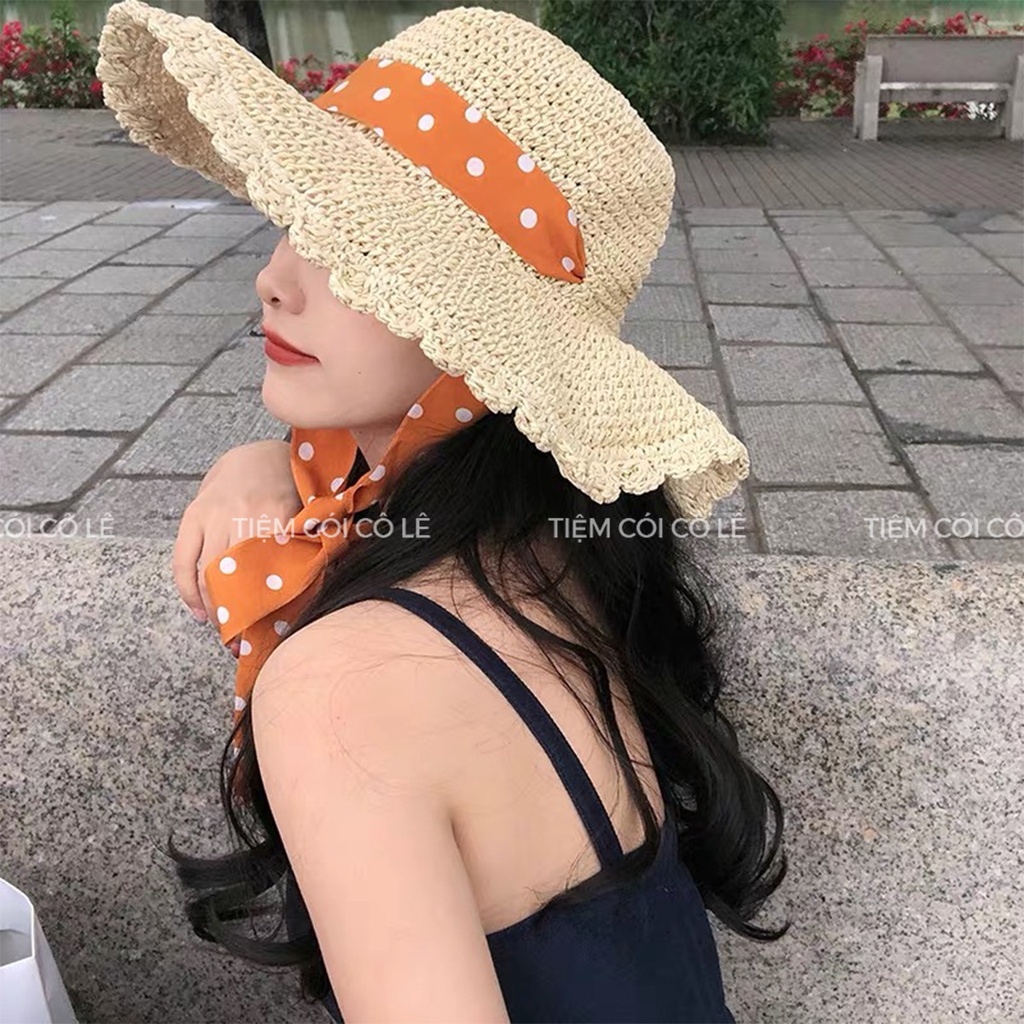 Nón cói rộng vành quai chấm bi đội 2 kiểu đi biển, dã ngoại, chụp ảnh - Tiệm Cói Cô Lê