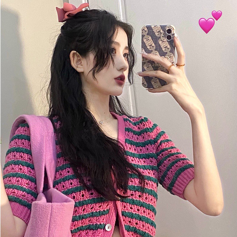 Áo Khoác Cardigan Dệt Kim Kẻ Sọc Màu Hồng Tương Phản Phong Cách Hàn Quốc
