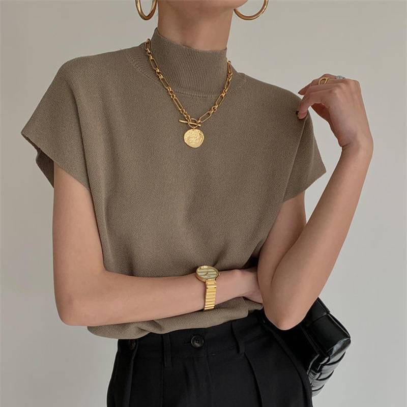 Áo Thun Dệt Kim Cổ Cao Tay Cộc Dáng Rộng Thời Trang Xuân Hè Cho Nữ