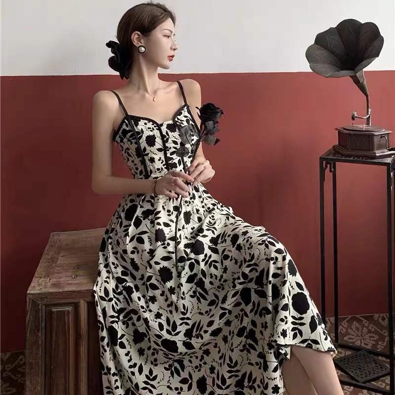 Đầm hai dây ZHELIHANGFEI dáng dài họa tiết hoa hồng phong cách quyến rũ thời trang cao cấp