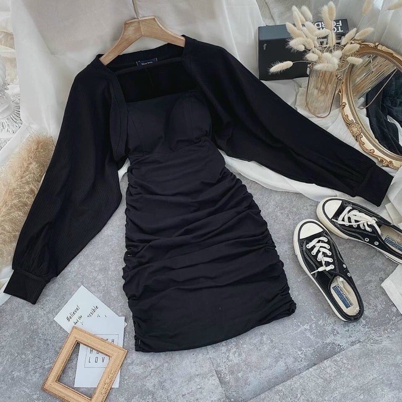 Set Đầm Dây đen Có Mút Sẵn Kèm Áo Khoát Cực Đẹp Xịn Xò