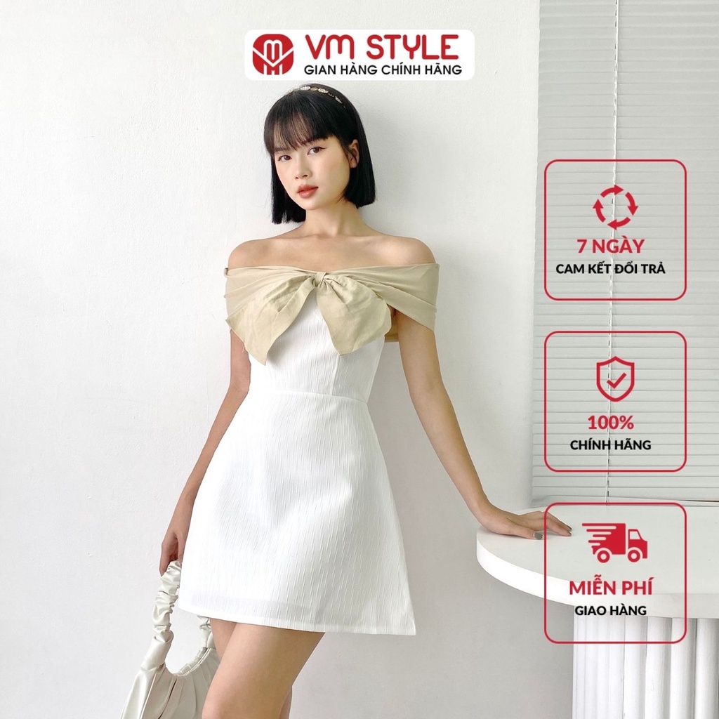 Đầm chữ A ngắn VMSTYLE bẹt vai tay phối nơ màu thời trang 08632 22VD05KI2101