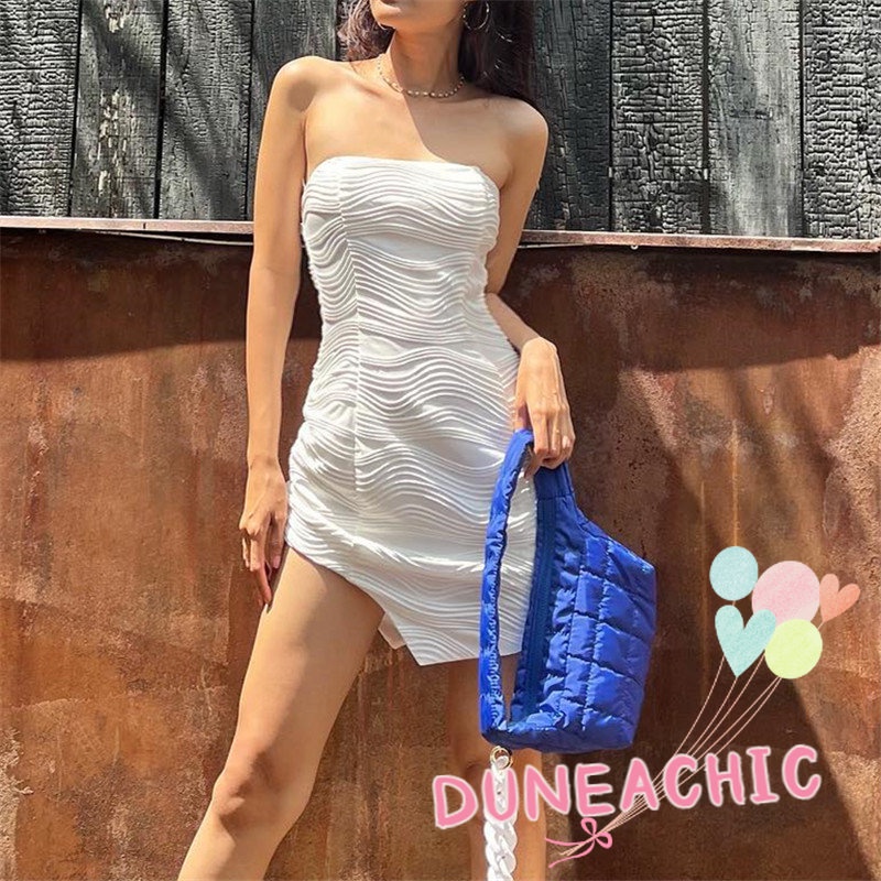 DUNEA Đầm Trễ Vai Màu Trơn Thiết Kế Thắt Dây Độc Đáo Cho Nữ