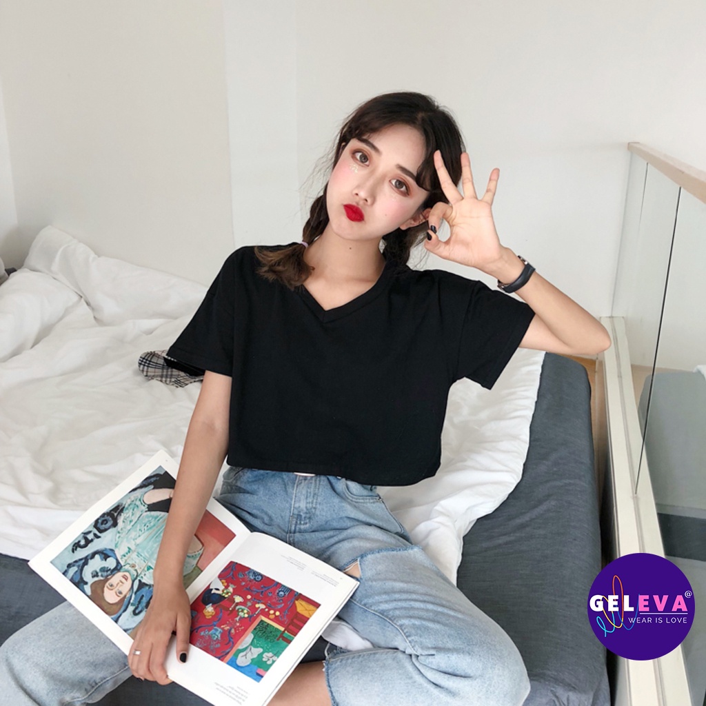 Áo croptop nữ thun tay ngắn form rộng kiểu ulzzang đẹp, áo phông nữ polo croptop crt crop top body đen trắng Geleva G54 | BigBuy360 - bigbuy360.vn