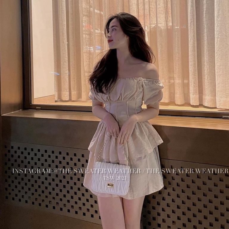 Jum trễ vai tay bồng nhún eo có đệm ngực xòe tầng tiểu thư xinh xắn NN580