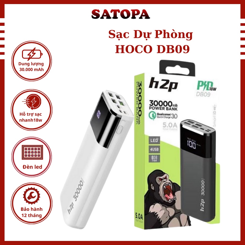 Pin sạc dự phòng chính hãng 30000mah Hoco DB09 sạc nhanh 18W, vật liệu chống cháy ABS, siêu bền, tự ngắt, an toàn