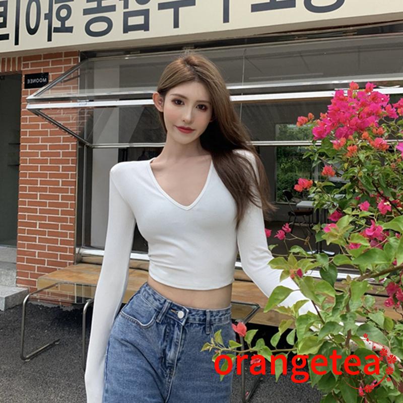 Áo Croptop Tay Dài Cổ Chữ V Màu Trơn Thiết Kế Ôm Sát Tôn Dáng