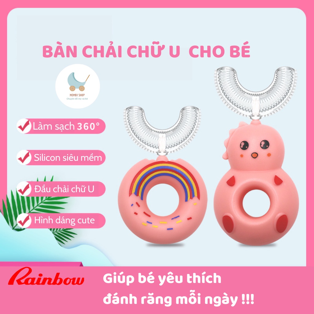 Bàn chải đánh răng Donut Rainbow, bàn chải chữ U cho bé từ 2 - 12 tuổi, hình dáng bánh donut dễ thương