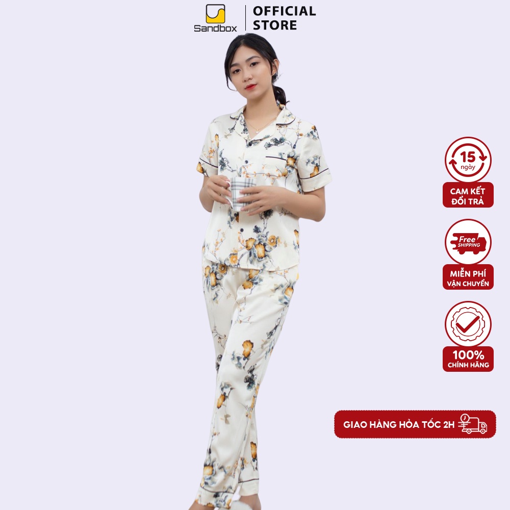 Bộ Pijama Mặc Nhà SANDBOX Tay Ngắn, Quần Dài Chất Liệu Lụa Satin Nhật Cao Cấp Mềm Mịn