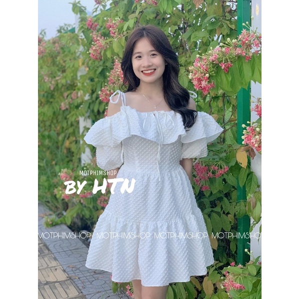 TIFFY DRESS Đầm xoè xốp trắng 2 dây thắt nơ bẹt vai tay phồng bèo tầng (ảnh thật)
