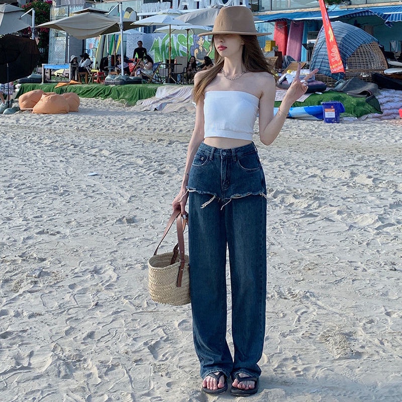 ♨Quần Jeans Dài Ống Rộng Lưng Cao Thiết Kế Không Đồng Đều Thiết Kế Mới Thời Trang Mùa Xuân Dành Cho Nữ