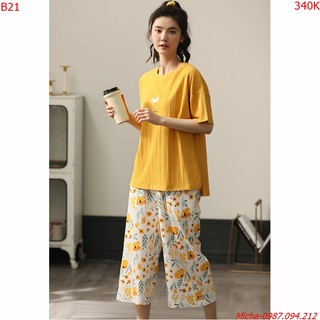 Bộ đỗ nữ mặc nhà cotton dáng quần lỡ hoa vàng dịu dàng - Micha B21