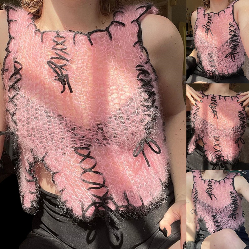 Áo Croptop Dệt Kim Phối Dây Đan Chéo Quyến Rũ Thời Trang Cho Nữ