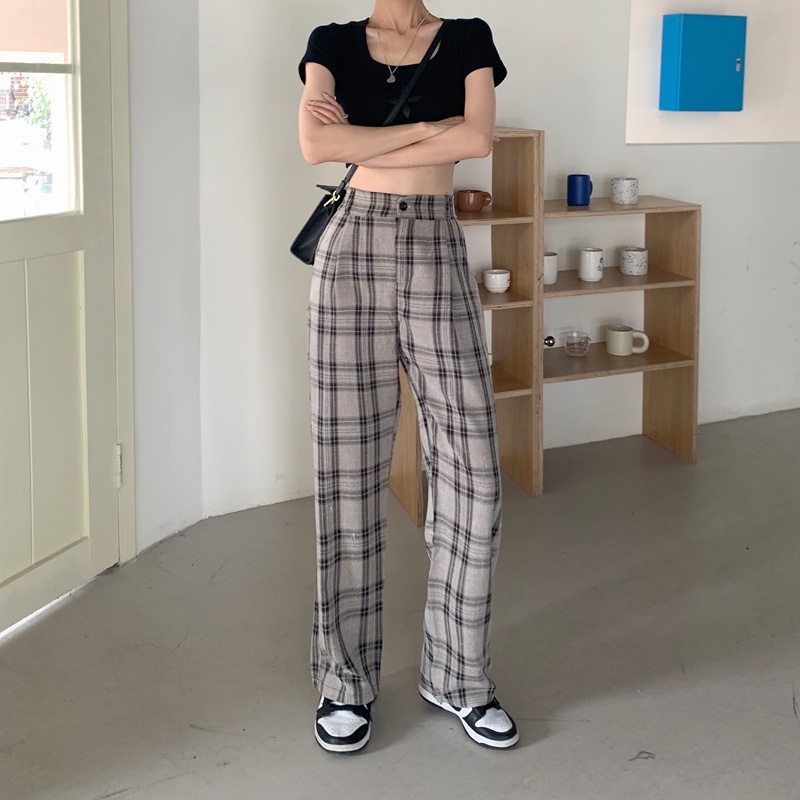 Quần ống rộng SUXI họa tiết sọc caro thời trang dành cho nữ