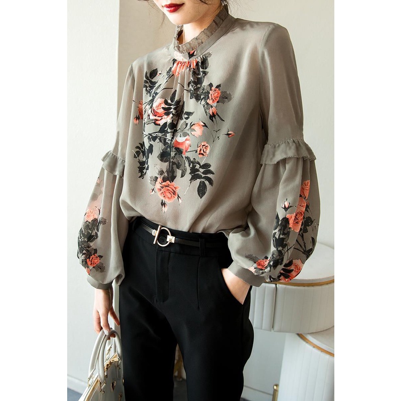 Áo Sơ Mi Lụa Mỏng Tay Phồng In Họa Tiết Hoa Dễ Phối Đồ Dành Cho Nữ