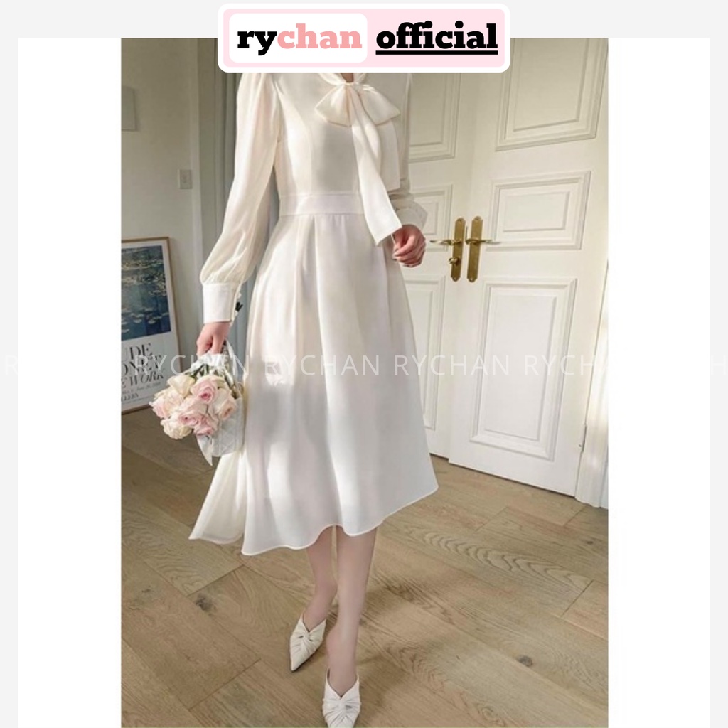 Đầm Nữ Phong Cách Tiểu Thư Tay Dài Cổ Thắt Nơ Dáng Dài Màu Trắng Cực Đẹp - DX9828