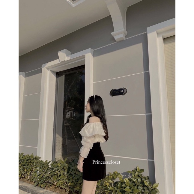 Áo trễ vai màu be tay bồng tiểu thư
