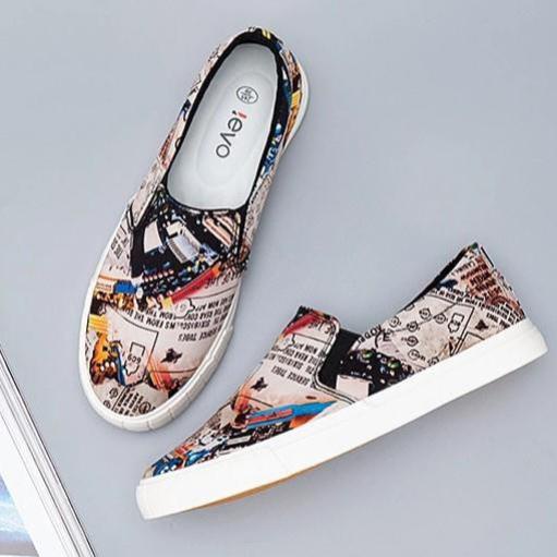 sale 12-12 Slip on nam - Giày lười vải nam LEYO - Vải thô in họa tiết báo ảnh - Mã SP A1176 hàng Quảng Châu