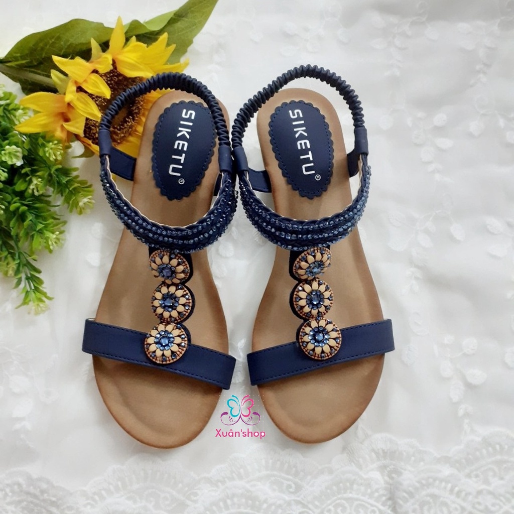 Sandal đế xuồng 5cm Siketu, quai ngang đính hạt xinh xắn (size 36-40)