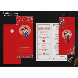 Thiệp cưới chibi màu đỏ A93 combo 250 (Nhận từ 100 thiệp)