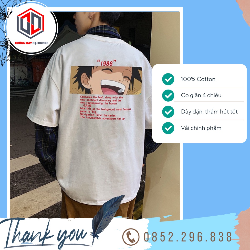 Áo thun tay lỡ form rộng hoạt hình Luffy 1986, áo phông Unisex nam nữ