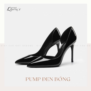 Giày Cao Gót Mũi Nhọn Nữ 8-10-11 phân Hở Eo Sang Trọng Nữ Tính, Dễ Mang, Chất Liệu Êm Ái Bảo Hành 1 Năm - Đen Bóng